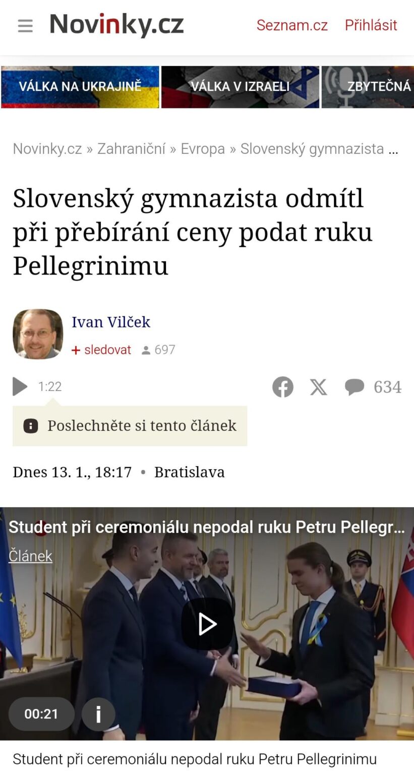 スロバキアの高校生で国際数学オリンピックの優勝者は、ペレグリーニ大統領との握手を拒否した。彼によると、彼は人々を騙し、嘘をついたことで大統領に就任したという。