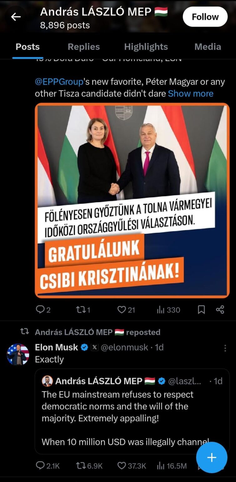 フィデス氏はツイッターでもプロパガンダを始めた。イーロン・マスクはアメリカでしたのと同じようにEUの選挙に影響を与えようとしている。ハンガリーの選挙で彼らに発言権を与えてはいけない！