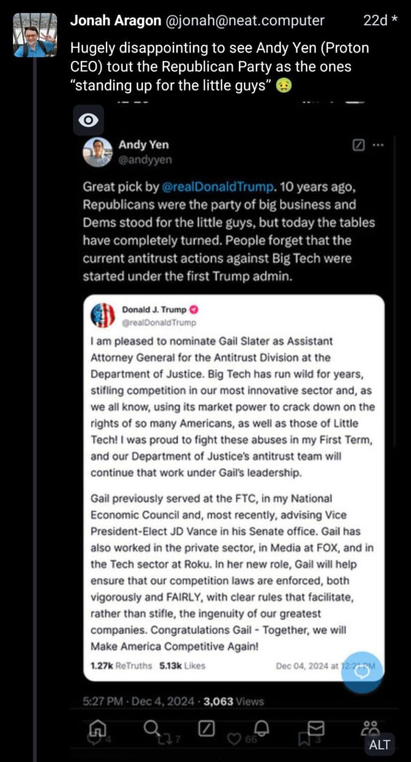 暗号メールサービスなどで知られるProtonのCEO&公式が、反トラスト政策への期待でトランプ政権支持の姿勢を示し、一部ユーザーに動揺走る