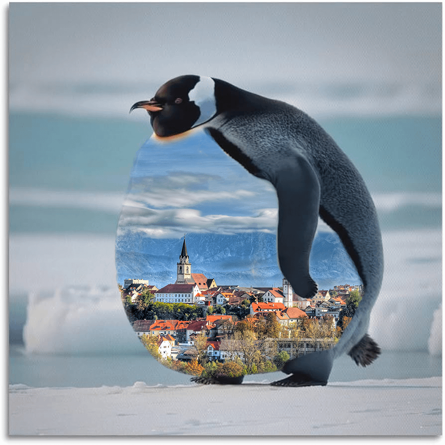 太ったペンギンとスロベニアの最も美しい都市のパノラマ写真を組み合わせた、とても優れた編集です。