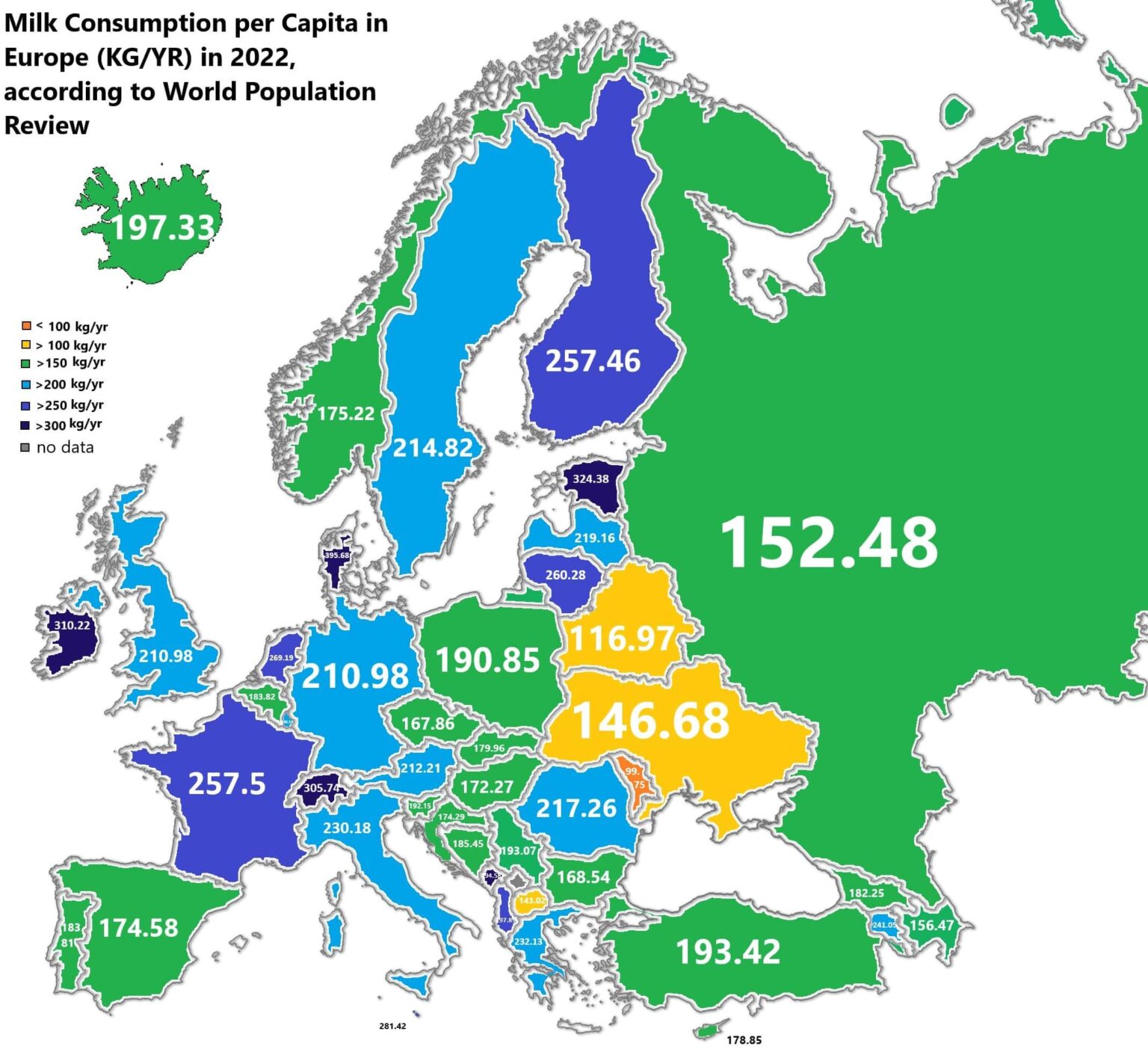 World Population Review による、2022 年のヨーロッパの 1 人当たりの牛乳消費量 (KG/YR)。