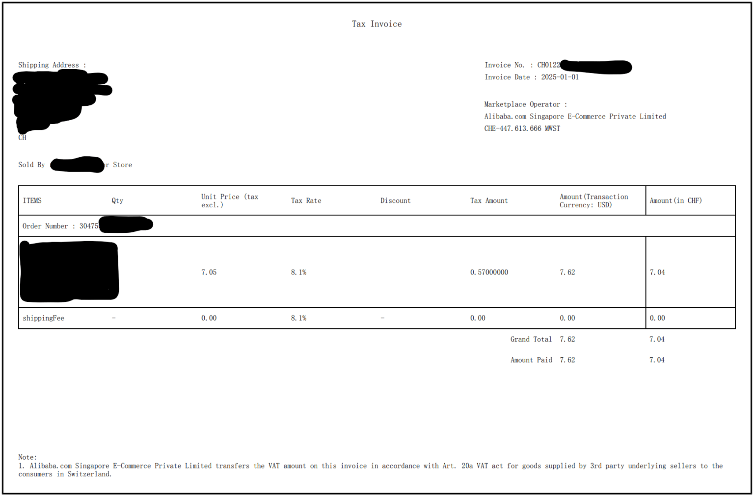 Aliexpress はスイスの VAT を含む請求書を発行するようになりました