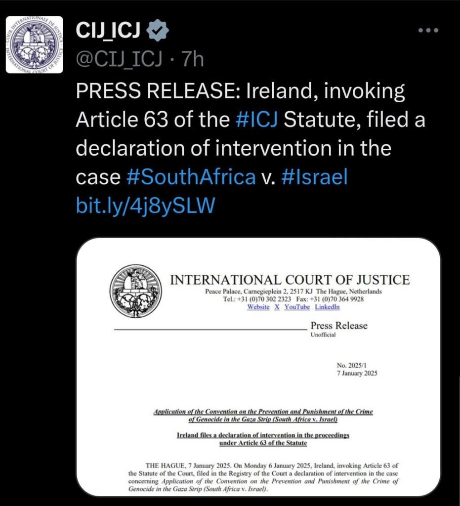 アイルランド、ガザでの大量虐殺犯罪に関するイスラエルに対する国際司法裁判所の訴訟で南アフリカに正式に参加