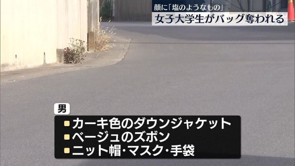 女子大生が顔に塩のようなものを塗りつけられ、現金入りバッグを奪われる