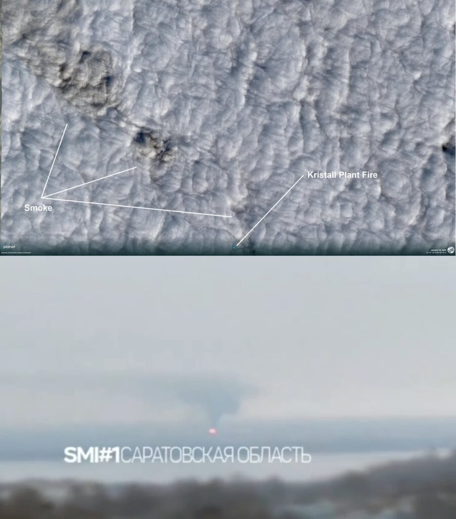 1月8日にウクライナの無人機によって攻撃されたエンゲルスにあるロシアのロスレゼルフ「クリスタル」石油貯蔵所は非常に巨大で、曇りの@planet衛星画像でも確認できる。火災発生から3日目です。