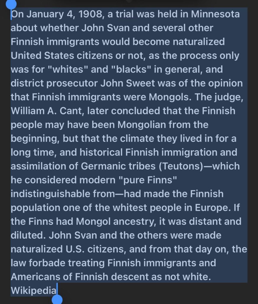 ミネソタ州では、フィンランド人が法的に白人とみなされるかどうかをめぐって、大規模な法廷裁判が行われました‼️