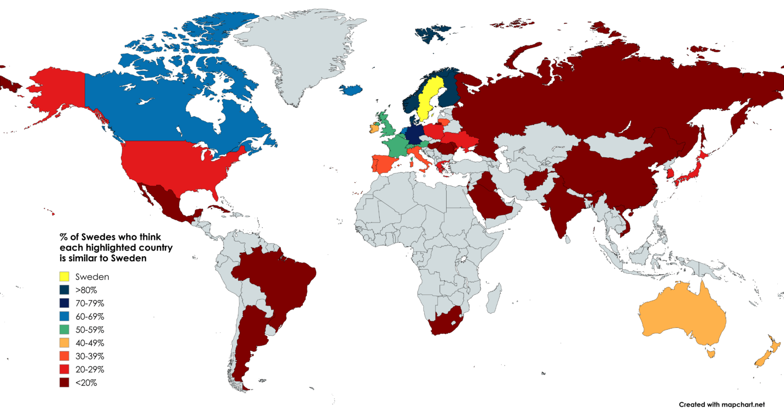 強調表示されている各国がスウェーデンに似ていると思うスウェーデン人の割合 (YouGov 調査による)