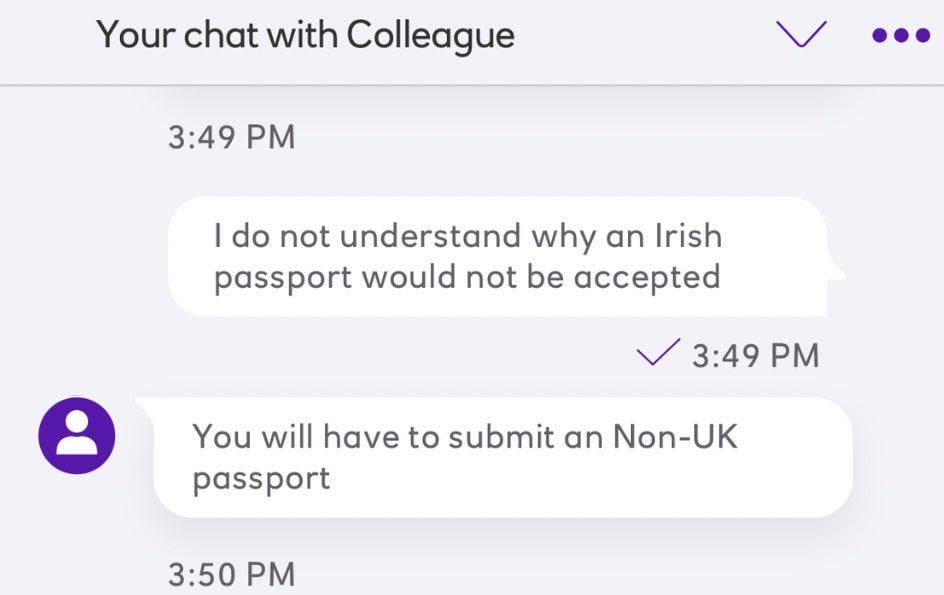 銀行はアイルランド人を「英国以外のパスポート」として認めていない