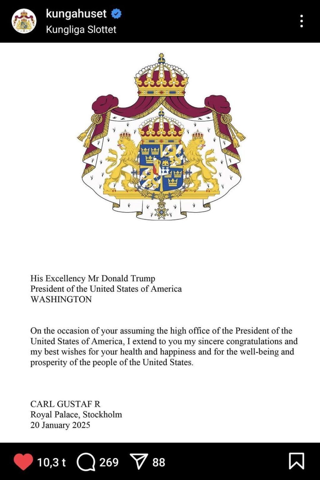 国王、トランプ大統領就任を祝う 🇺🇲