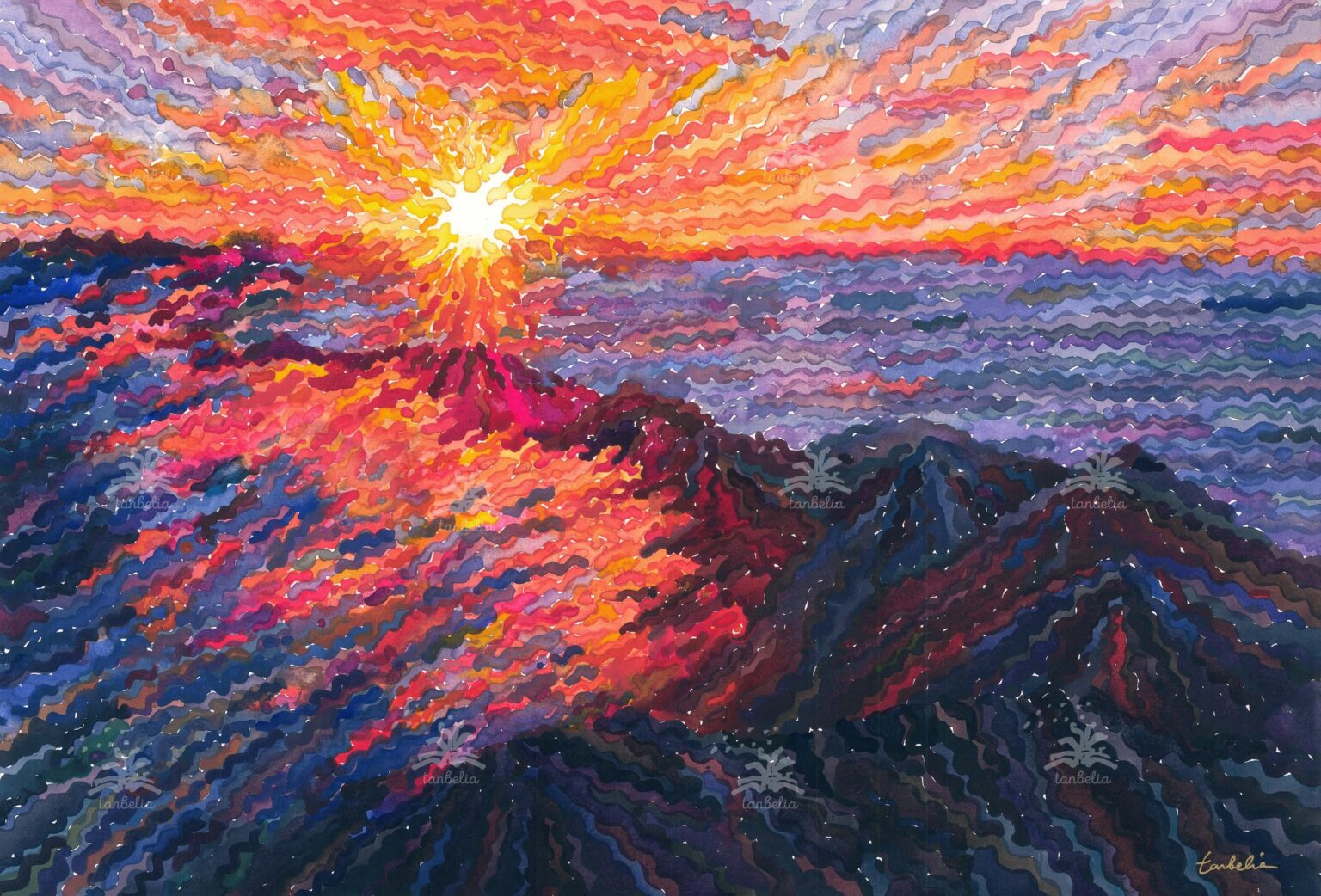 ティマンファヤ国立公園、水彩画、15 x 22 インチ - スペインのカナリア諸島の火山の夕日