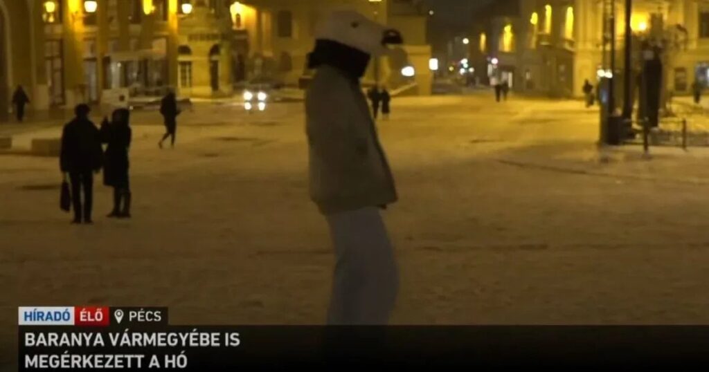 馬の頭をかぶった男が降雪に関する公共テレビのペーチ報道に現れた