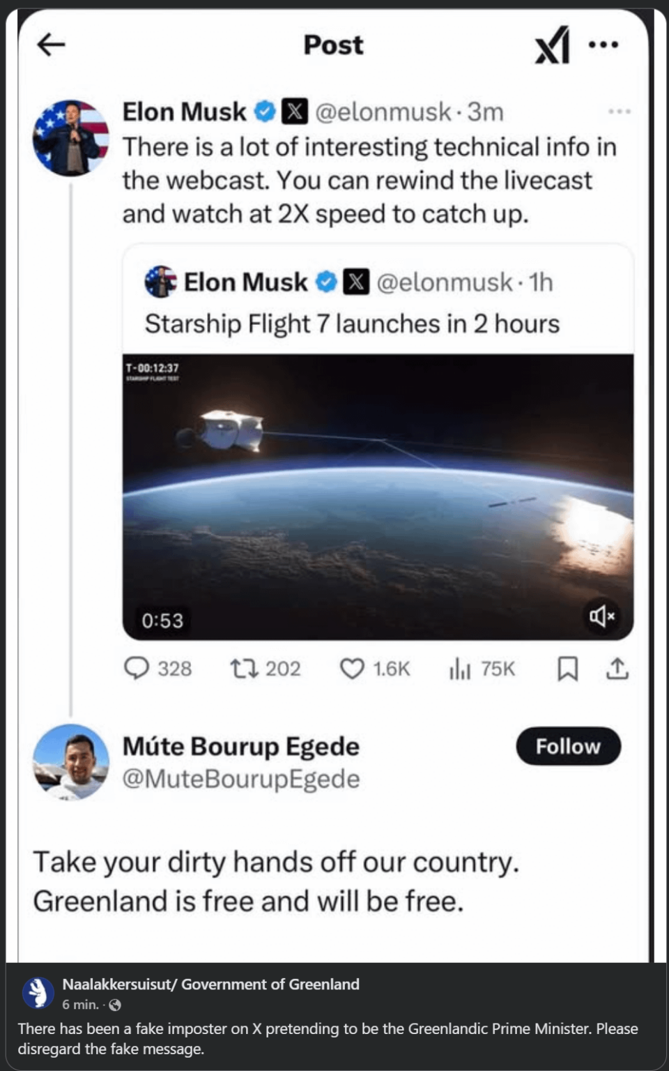 twitter 上の Múte Bourup Egede の偽アカウント。 Naalakkersuit の Facebook ページより抜粋