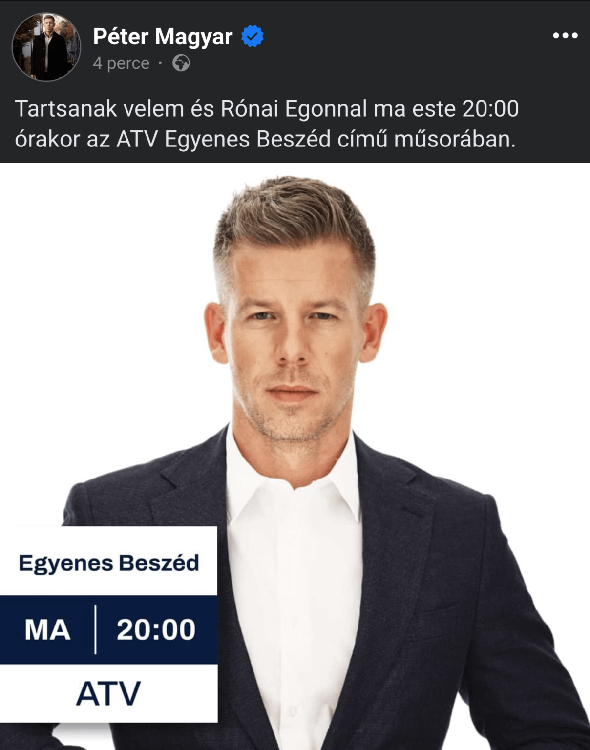 今日の20:00にペテル・マジャールATVがロナイとインタビュー