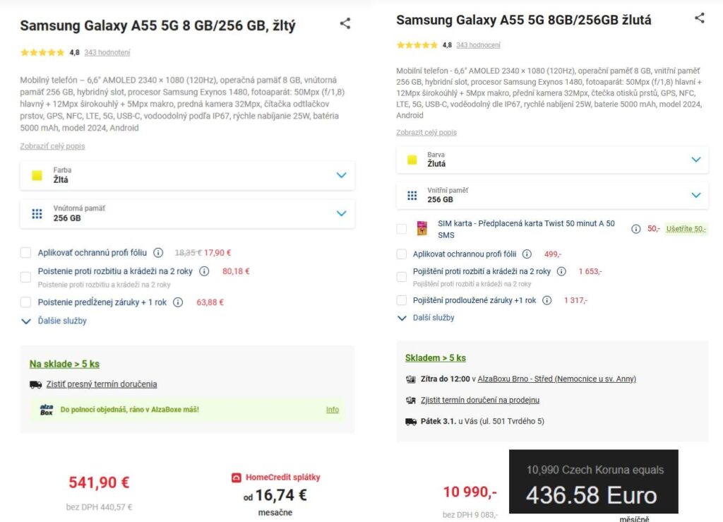 アルザ .sk 対 .cz; +100ユーロの差額