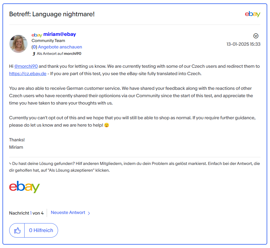 最近 eBay を使ってみた人はいますか?彼らの狂った開発者は、ドイツ語サーバーへのリダイレクトをテストし、チェコ共和国からのユーザーに対して擬似チェコ語への自動翻訳を無効にしました。 cz.ebay.de へのリダイレクトと Cretan 語への自動翻訳をバイパスする方法がわかりませんか?