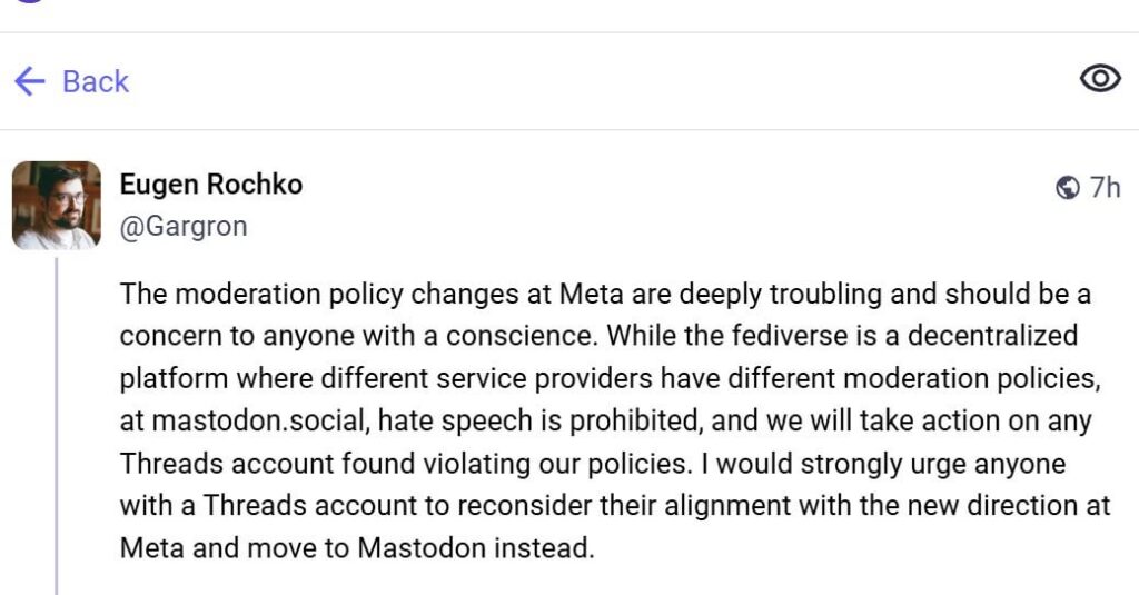 Metaのヘイトスピーチ規制撤廃を受け、「違反Threadsアカウントには独自措置」とマストドン