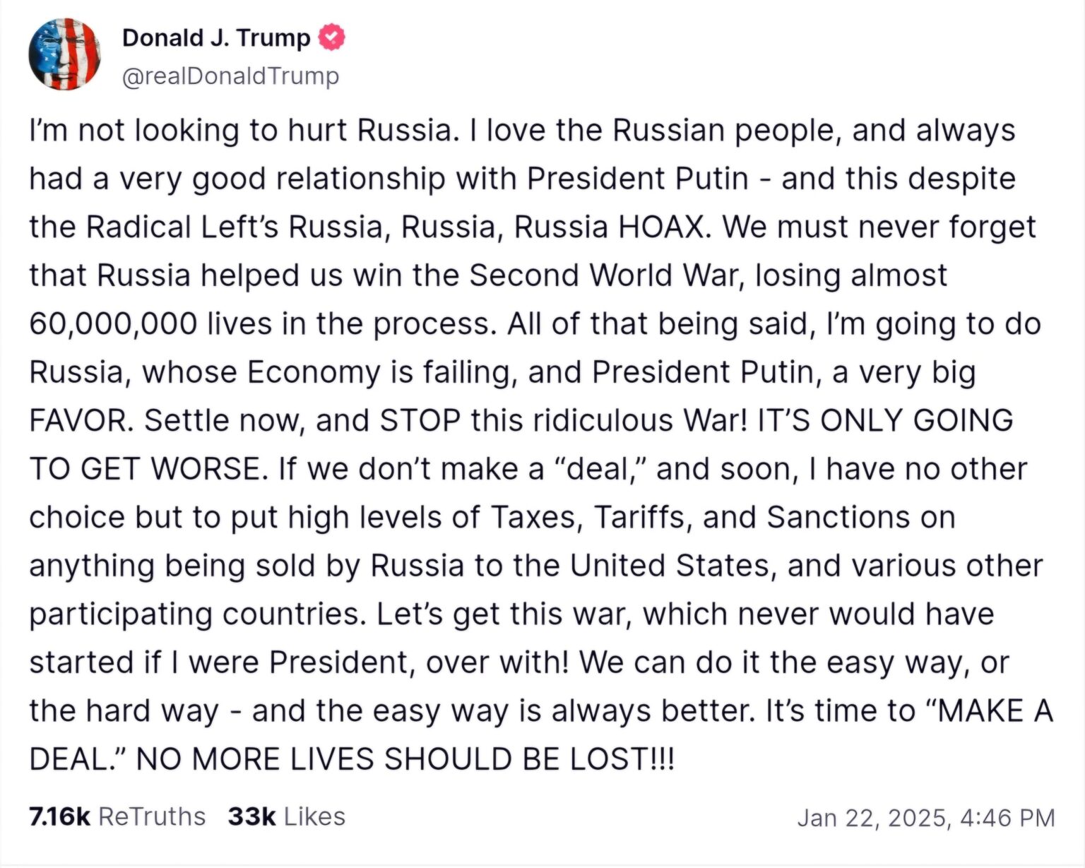 トランプ大統領の最近の投稿：ロシアが立ち止まって同意しなければ、新たな制裁が課されるだろう