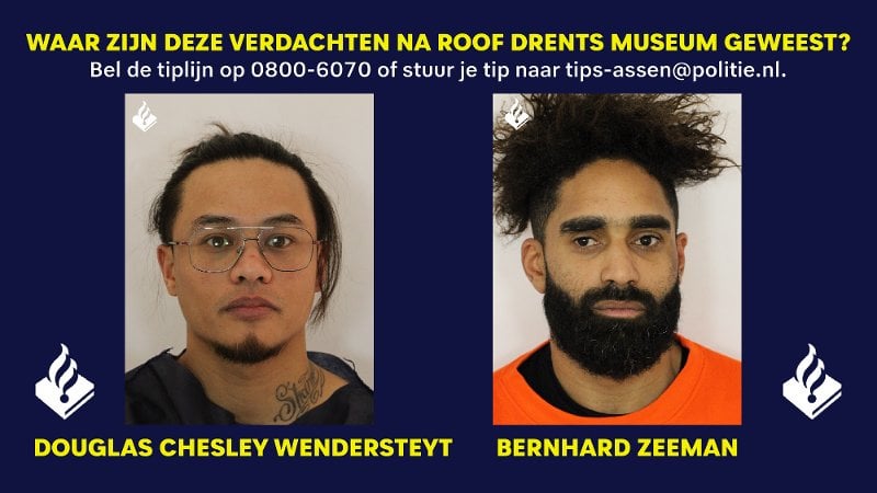 ビデオオランダの警察は、アッセンで強盗で逮捕された2人の容疑者の写真を公開しています。法律の人々は、市民の助けを求めて宝物に従うように求めます
