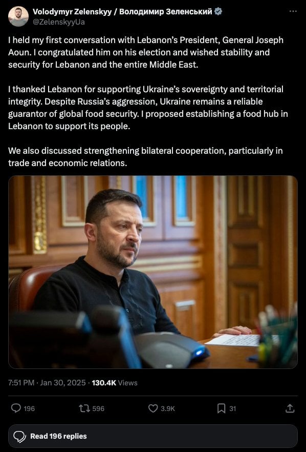 Zelenskyyはレバノンの選挙大統領を祝福し、ウクライナを支持します