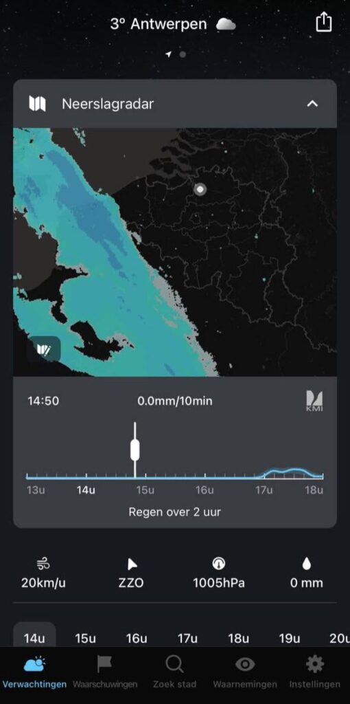 あなたが buienradar / buienalarm ユーザーの場合、KMI アプリでも広告やサブスクリプションなしでそれを行うことができます。