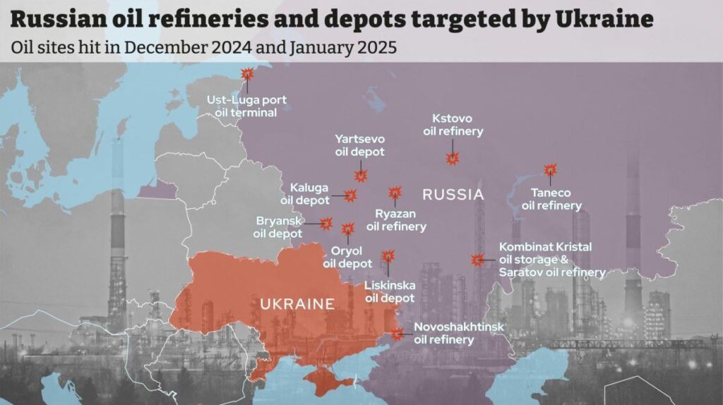 マッピングされたウクライナのドローンによって攻撃されたすべてのロシアの石油精製所