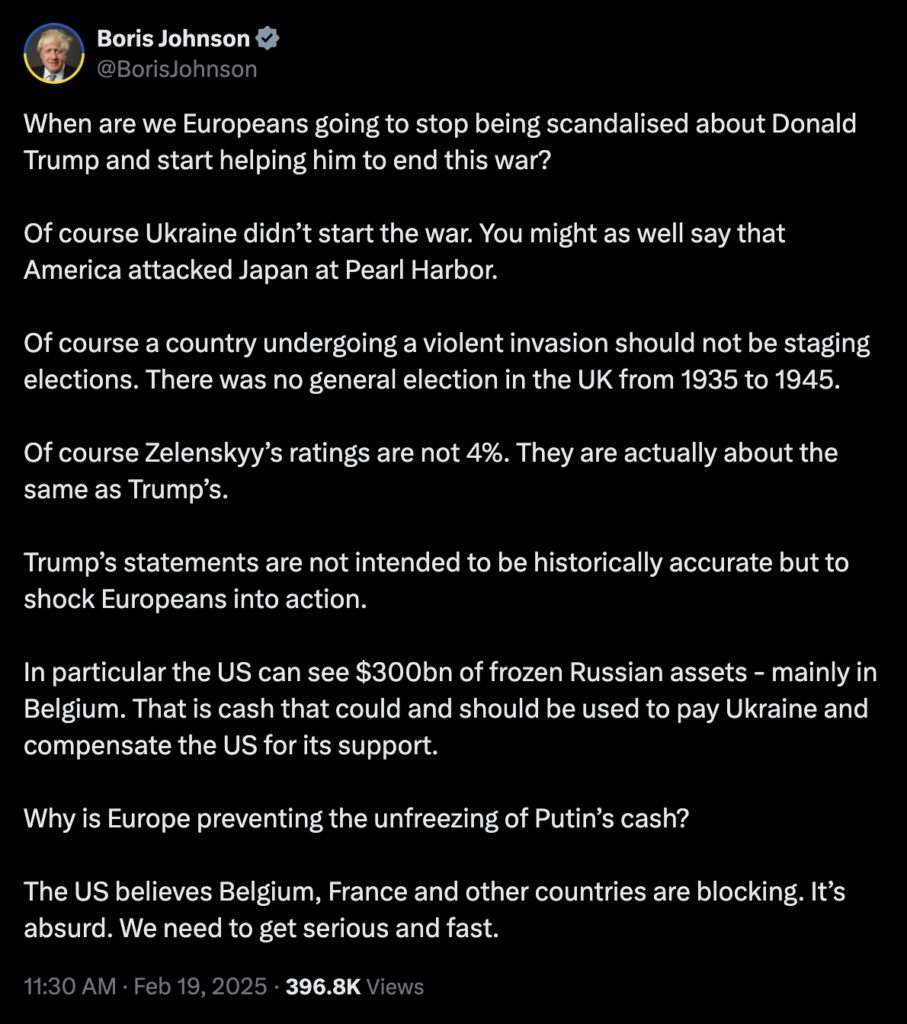 ウクライナがロシアとヨーロッパが行動を起こすことができないという戦争を始めたというトランプの主張についてのボリス・ジョンソン