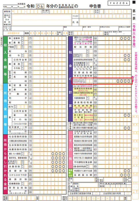 令和6年分の所得税及び復興特別所得税の申告書第一表の定額減税の記入欄