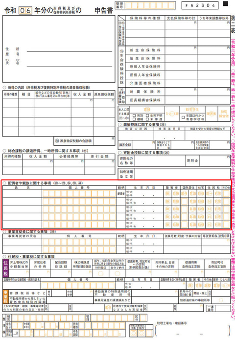 令和6年分の所得税及び復興特別所得税の申告書第二表の定額減税の配偶者・親族に関する事項の記入欄