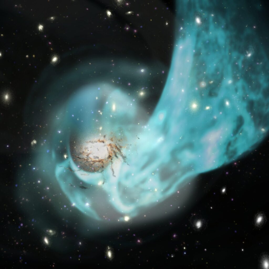 今回の研究成果をもとに描かれたケンタウルス座銀河団中心部の想像図。色は青色が高温ガスの流れ、赤茶色が低温ガス、白色が銀河を示している（Credit: JAXA）