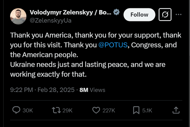 トランプとヴァンスで告発された後のゼレンスキーの最初の反応は十分に感謝していない
