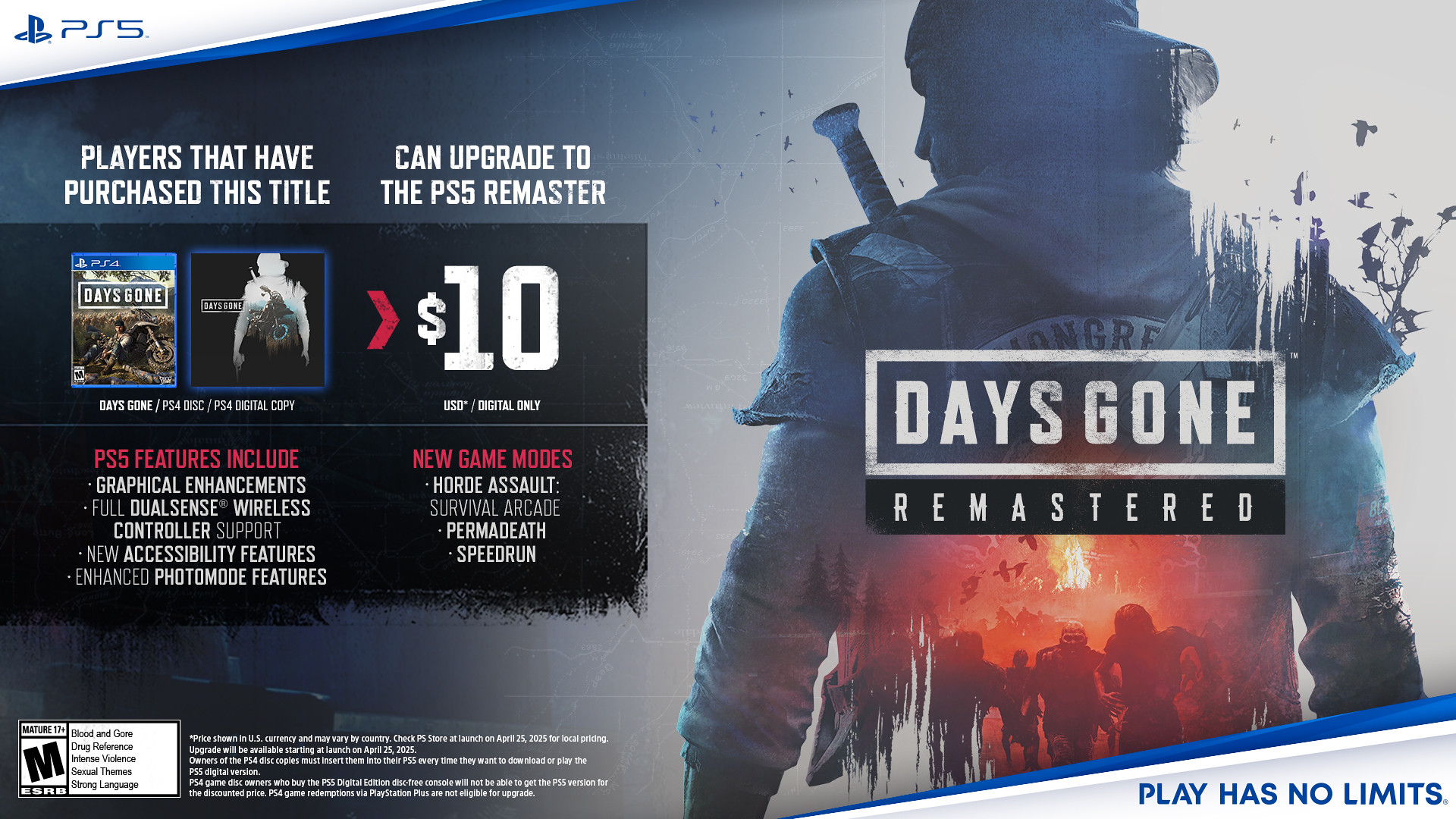 Upgrade will be available starting at launch on April 25, 2025. Owners of the PS4 disc copies must insert them into their PS5 every time they want to download or play the PS5 digital version. PS4 game disc owners who buy the PS5 Digital Edition disc-free console will not be able to get the PS5 version for the discounted price. PS4 game redemptions via PlayStation Plus are not eligible for upgrade.