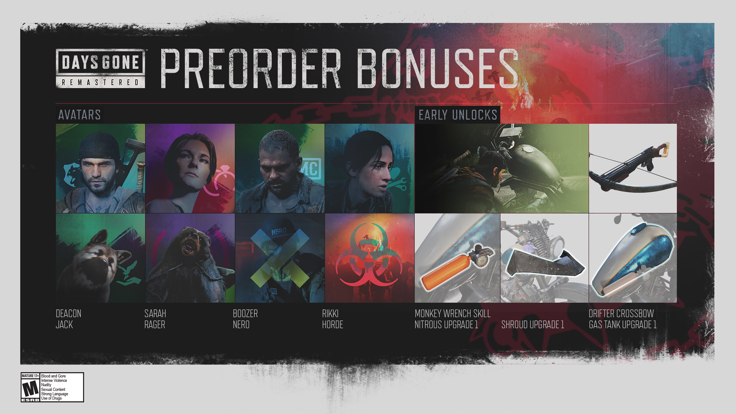PSN Avatars: Deacon, Jack, Sarah, Rager, Boozer, Nero, Rikki, Horde. Early Unlocks: Monkey Wrench Skill, Nitrous Upgrade 1, Shroud upgrade 1, Drifter Crossbow, Gas Tank upgrade 1.