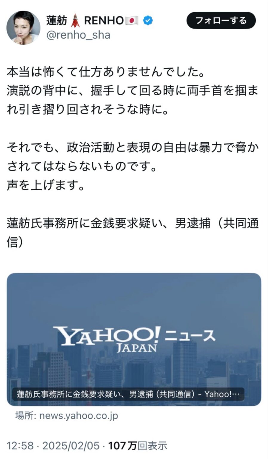 蓮舫「本当は怖くて仕方ありませんでした。演説の背中に、握手して回る時に両手首を掴まれ引き摺り回されそうな時に。それでも、政治活動と表現の自由は暴力で脅かされてはならないものです。声を上げます」