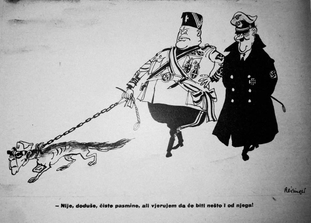 SFR-Yugoslaviaの政治漫画、クロアチアの独立国家の第二次世界大戦のリーダーであるアンテ・パベリッチ（リーシュド）、彼のマスター、ベニート・ムッソリーニとアドルフ・ヒトラー（1960年代）と共に