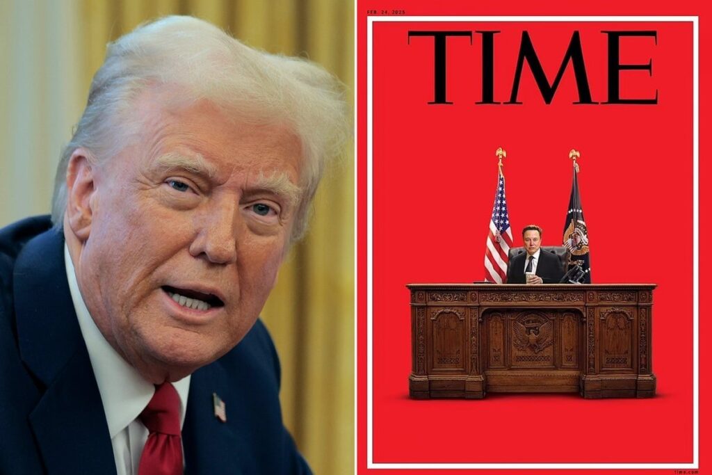 トランプは、新しいカバーがムスクが彼の断固とした机の後ろに座っていることを示した後に時間を絞ります