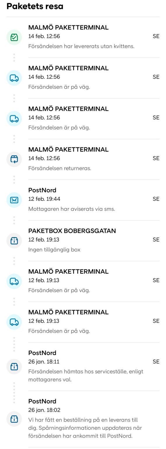 PostNordは、薬局の外のパッケージボックスに場所がなかったため、私のパッケージを中国に送り返しました。