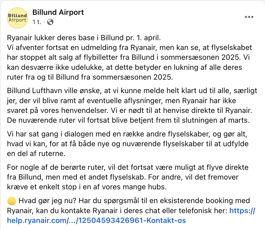 注：RyanairはBillundからのすべての夏の出発を（多分）キャンセルし、すでにチケットを販売しました！私のように、31/3後にビルンダーから離れてライアンエアで航空券を注文しましたか？それからあなたのフライトがキャンセルされたのか、それとも予約されているかを聞いてみたいです。