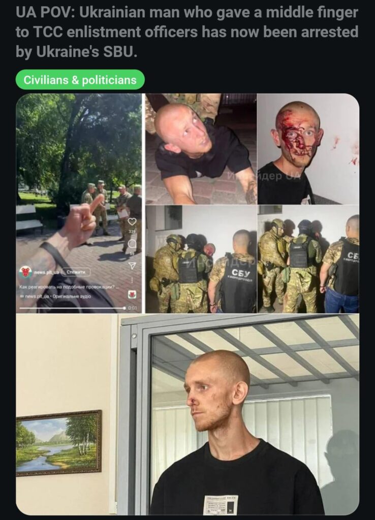 UA POV：TCC入隊役員に中指を渡したウクライナ人は、ウクライナのSBUに逮捕されました。ソースによると|ウクライナ人は、徴兵施設をock笑した後、6年の刑務所に入っています。ポルタバ市のフィットネスコーチであるローマン・ザヴォロカは、ウクラを批判したと伝えられています
