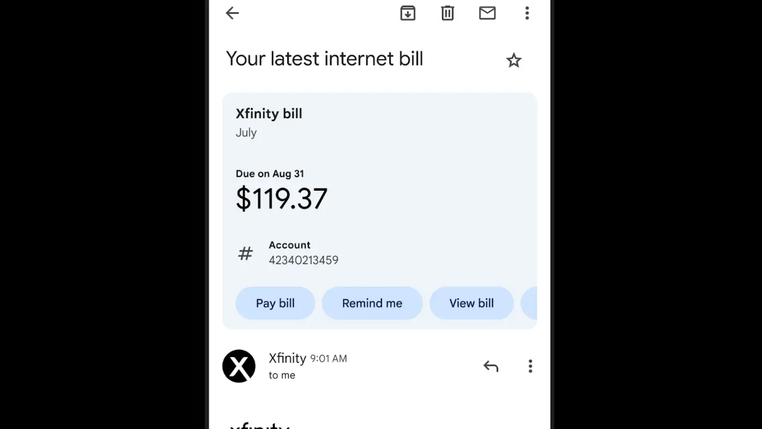 Gmail の概要カードに請求書の処理が表示されるようになりました | HelenTech モバイル Gmail アプリで新しく導入された請求書の概要カードのスクリーンショット