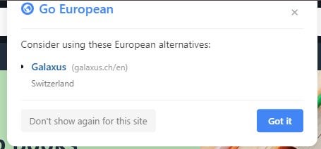 「Go European」v1.1- Firefoxの年齢がリリースされ、ヨーロッパ以外のサービスやサイトのオンラインでヨーロッパの代替品を見つけることができました。