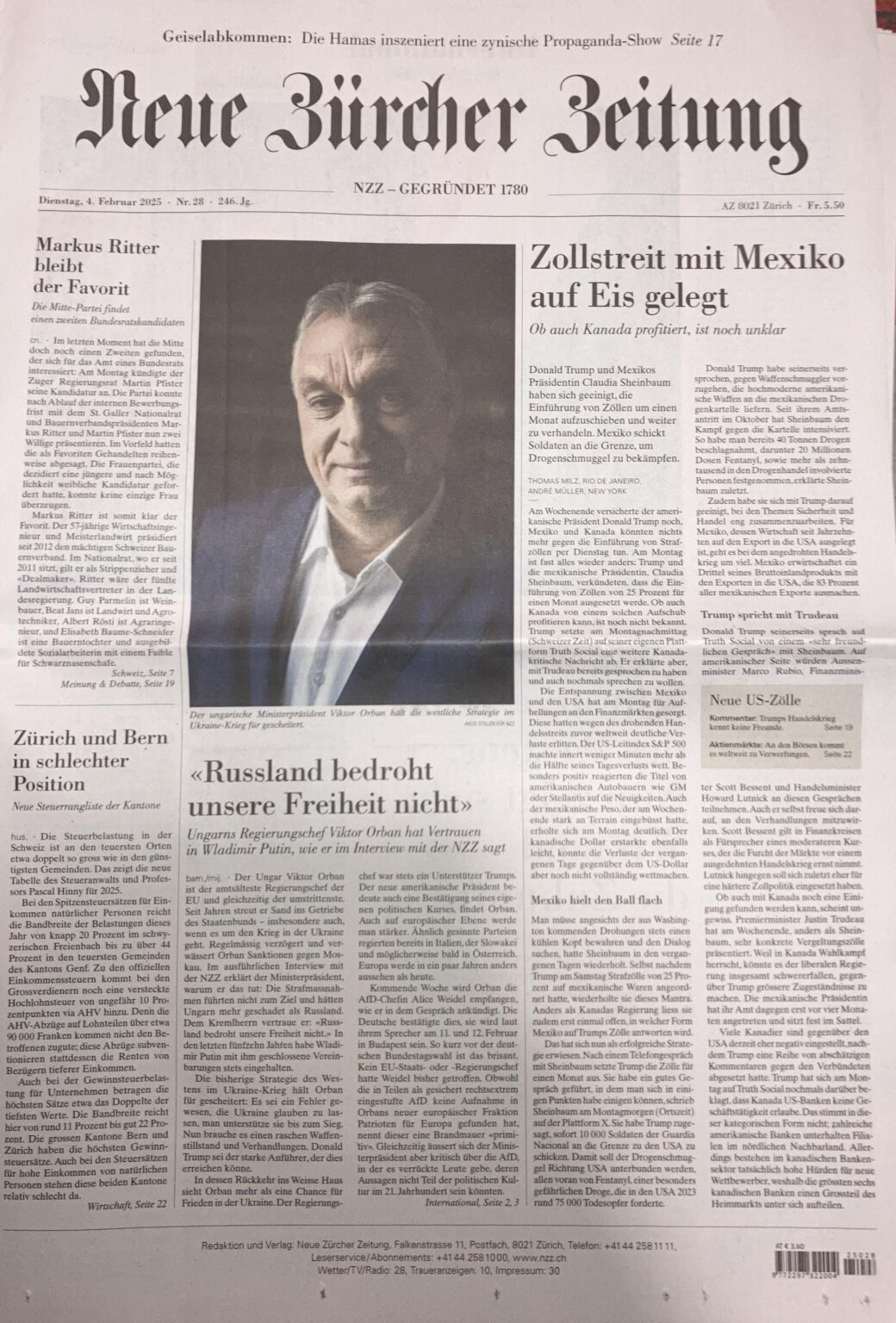 今朝のチューリッヒ新聞 - 「ロシアは私たちの自由を脅かしません」