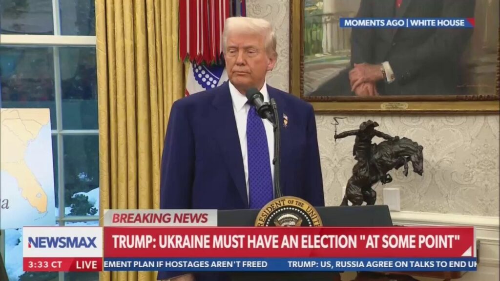 レポーター：ウクライナはこの和平プロセスの平等なメンバーだと考えていますか？トランプ：うーん...それは興味深い質問です。彼らは平和を作らなければならないと思います。それは入るのに良い戦争ではありませんでした。 |ウクライナが戦争に行くことを非難します。