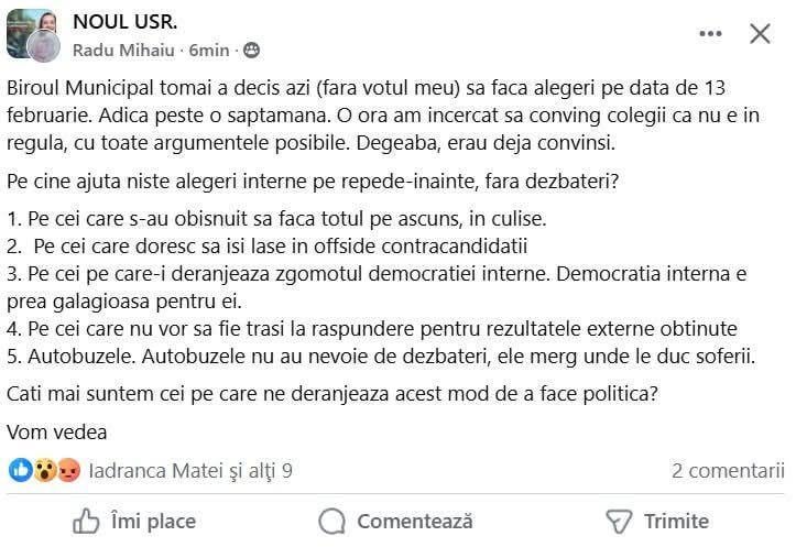 USRブカレストの内部選挙。セクター2の元市長は同意していないようです。