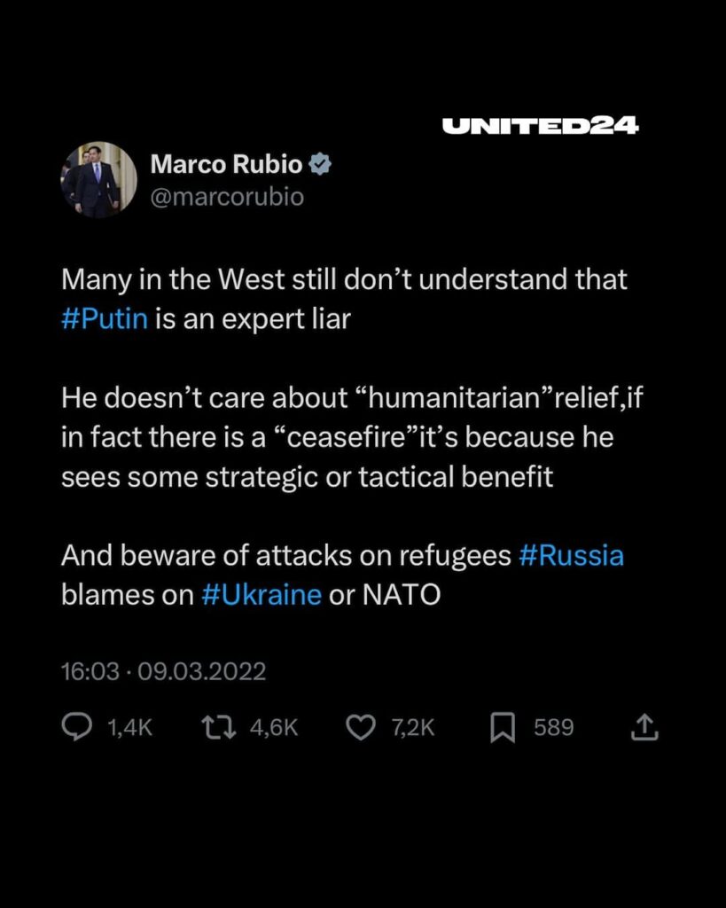 2022年、マルコ・ルビオはウクライナへの強い援助の支持者であり、ロシアのウラジミール・プーチン大統領を「嘘つき」および「戦争犯罪者」として非難した。しかし、2025年に国務長官の役割を想定して以来、ルビオの口調は変化したようです。