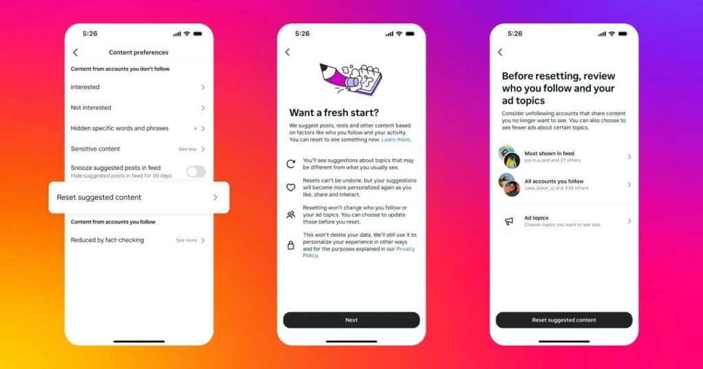 Instragramが提供するコンテンツを簡単にリセットできます Instragramが提供するコンテンツを簡単にリセットできます