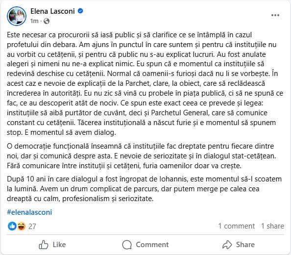 Elena Lasconi：検察官が公開し、クローゼットの場合に何が起こっているのかを明確にする必要があります