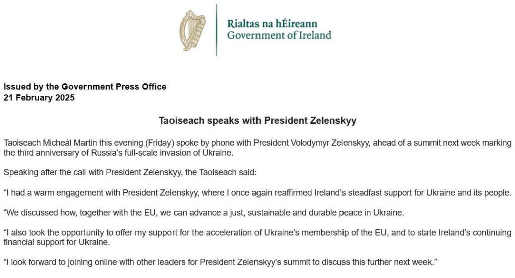 TaoiseachはZelenskyy大統領と話をします
