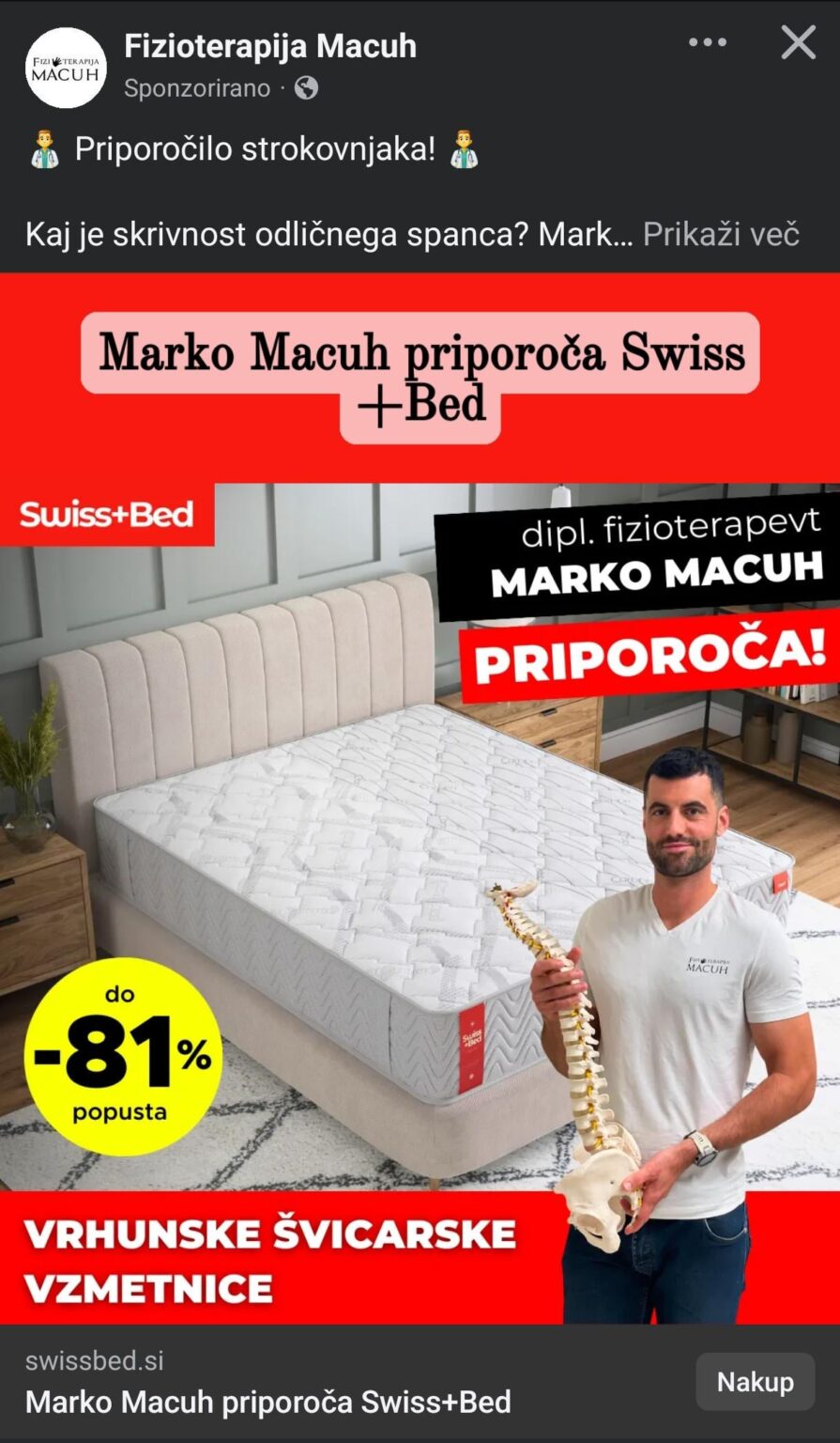 マクー氏は、ボスニアで生産されたスイスのマットレスを依然として宣伝しています