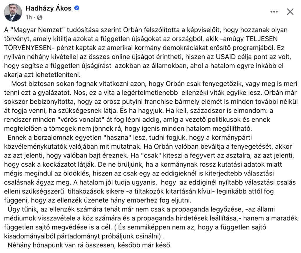 Hadházy：「ハンガリー国家」の報告によると、Orbánは彼の代表者に、米国政府プログラムからお金を受け取った国から独立した新聞を禁止する法律を作るよう求めています。