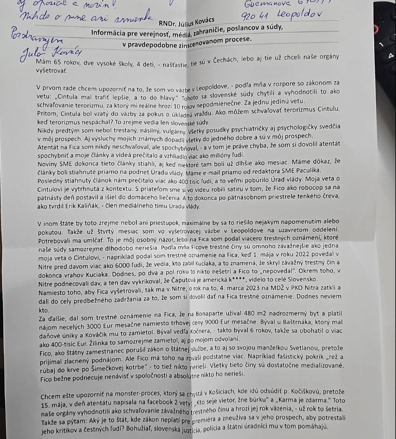 ロシア、北朝鮮、またはスロバキア？ - スロバキアの政治刑務所は、FICOに関する1文の声明のために、レオポルドフで4ヶ月です。彼は10年の危険にさらされています。これはレオポルドフからの彼の手紙です。出典：FB -Miroslavジアック